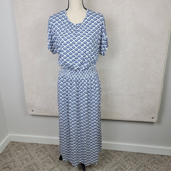 Boden Women's 8R Blue White Floral Smocked Waist Short Sleeve Coastal Midi Dre - Picture 2 of 10